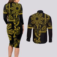 Filipino Sun Tribal Tattoo Couples Matching Long Sleeve Bodycon Dress and Long Sleeve Button Shirt Philippines Inspired Barong Simple Gold LT9 - Polynesian Pride