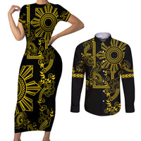 Filipino Sun Tribal Tattoo Couples Matching Short Sleeve Bodycon Dress and Long Sleeve Button Shirt Philippines Inspired Barong Simple Gold LT9 Gold - Polynesian Pride