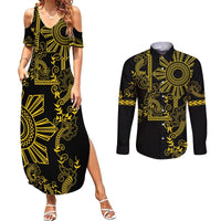 Filipino Sun Tribal Tattoo Couples Matching Summer Maxi Dress and Long Sleeve Button Shirt Philippines Inspired Barong Simple Gold LT9 Gold - Polynesian Pride