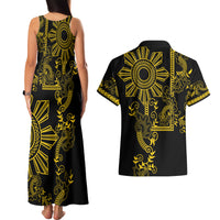 Filipino Sun Tribal Tattoo Couples Matching Tank Maxi Dress and Hawaiian Shirt Philippines Inspired Barong Simple Gold LT9 - Polynesian Pride