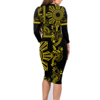 Filipino Sun Tribal Tattoo Family Matching Long Sleeve Bodycon Dress and Hawaiian Shirt Philippines Inspired Barong Simple Gold LT9 - Polynesian Pride