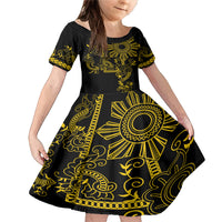 Filipino Sun Tribal Tattoo Family Matching Mermaid Dress and Hawaiian Shirt Philippines Inspired Barong Simple Gold LT9 Daughter's Dress Gold - Polynesian Pride