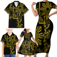 Filipino Sun Tribal Tattoo Family Matching Short Sleeve Bodycon Dress and Hawaiian Shirt Philippines Inspired Barong Simple Gold LT9 - Polynesian Pride
