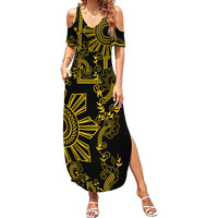 Filipino Sun Tribal Tattoo Family Matching Summer Maxi Dress and Hawaiian Shirt Philippines Inspired Barong Simple Gold LT9 Mom's Dress Gold - Polynesian Pride