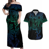 Filipino Sun Tribal Tattoo Couples Matching Off Shoulder Maxi Dress and Hawaiian Shirt Philippines Inspired Barong Blue Art LT9 Blue - Polynesian Pride