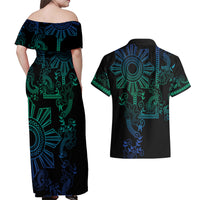 Filipino Sun Tribal Tattoo Couples Matching Off Shoulder Maxi Dress and Hawaiian Shirt Philippines Inspired Barong Blue Art LT9 - Polynesian Pride