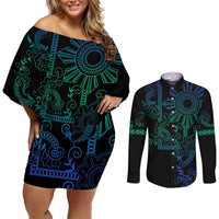 Filipino Sun Tribal Tattoo Couples Matching Off Shoulder Short Dress and Long Sleeve Button Shirt Philippines Inspired Barong Blue Art LT9 Blue - Polynesian Pride