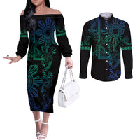 Filipino Sun Tribal Tattoo Couples Matching Off The Shoulder Long Sleeve Dress and Long Sleeve Button Shirt Philippines Inspired Barong Blue Art LT9 Blue - Polynesian Pride
