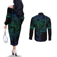 Filipino Sun Tribal Tattoo Couples Matching Off The Shoulder Long Sleeve Dress and Long Sleeve Button Shirt Philippines Inspired Barong Blue Art LT9 - Polynesian Pride