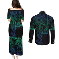 Filipino Sun Tribal Tattoo Couples Matching Puletasi and Long Sleeve Button Shirt Philippines Inspired Barong Blue Art LT9 - Polynesian Pride