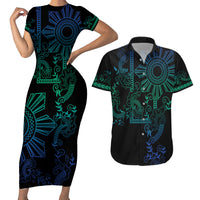 Filipino Sun Tribal Tattoo Couples Matching Short Sleeve Bodycon Dress and Hawaiian Shirt Philippines Inspired Barong Blue Art LT9 Blue - Polynesian Pride