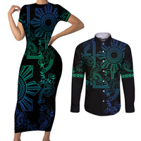 Filipino Sun Tribal Tattoo Couples Matching Short Sleeve Bodycon Dress and Long Sleeve Button Shirt Philippines Inspired Barong Blue Art LT9 Blue - Polynesian Pride