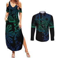 Filipino Sun Tribal Tattoo Couples Matching Summer Maxi Dress and Long Sleeve Button Shirt Philippines Inspired Barong Blue Art LT9 Blue - Polynesian Pride