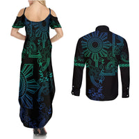 Filipino Sun Tribal Tattoo Couples Matching Summer Maxi Dress and Long Sleeve Button Shirt Philippines Inspired Barong Blue Art LT9 - Polynesian Pride