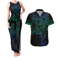 Filipino Sun Tribal Tattoo Couples Matching Tank Maxi Dress and Hawaiian Shirt Philippines Inspired Barong Blue Art LT9 Blue - Polynesian Pride