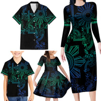 Filipino Sun Tribal Tattoo Family Matching Long Sleeve Bodycon Dress and Hawaiian Shirt Philippines Inspired Barong Blue Art LT9 - Polynesian Pride