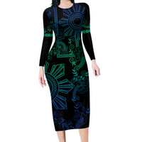 Filipino Sun Tribal Tattoo Family Matching Long Sleeve Bodycon Dress and Hawaiian Shirt Philippines Inspired Barong Blue Art LT9 Mom's Dress Blue - Polynesian Pride