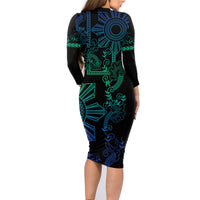 Filipino Sun Tribal Tattoo Family Matching Long Sleeve Bodycon Dress and Hawaiian Shirt Philippines Inspired Barong Blue Art LT9 - Polynesian Pride