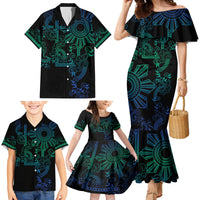 Filipino Sun Tribal Tattoo Family Matching Mermaid Dress and Hawaiian Shirt Philippines Inspired Barong Blue Art LT9 - Polynesian Pride