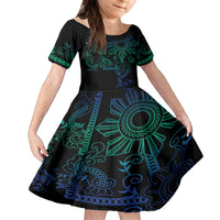 Filipino Sun Tribal Tattoo Family Matching Off The Shoulder Long Sleeve Dress and Hawaiian Shirt Philippines Inspired Barong Blue Art LT9 Daughter's Dress Blue - Polynesian Pride