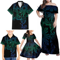 Filipino Sun Tribal Tattoo Family Matching Off Shoulder Maxi Dress and Hawaiian Shirt Philippines Inspired Barong Blue Art LT9 - Polynesian Pride