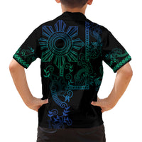 Filipino Sun Tribal Tattoo Family Matching Short Sleeve Bodycon Dress and Hawaiian Shirt Philippines Inspired Barong Blue Art LT9 - Polynesian Pride
