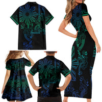 Filipino Sun Tribal Tattoo Family Matching Short Sleeve Bodycon Dress and Hawaiian Shirt Philippines Inspired Barong Blue Art LT9 - Polynesian Pride