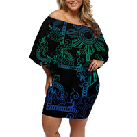 Filipino Sun Tribal Tattoo Off Shoulder Short Dress Philippines Inspired Barong Blue Art