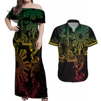 Filipino Sun Tribal Tattoo Couples Matching Off Shoulder Maxi Dress and Hawaiian Shirt Philippines Inspired Barong Reggae Art LT9 Reggae - Polynesian Pride
