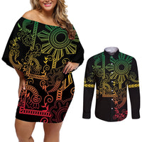 Filipino Sun Tribal Tattoo Couples Matching Off Shoulder Short Dress and Long Sleeve Button Shirt Philippines Inspired Barong Reggae Art LT9 Reggae - Polynesian Pride