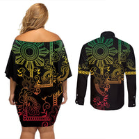 Filipino Sun Tribal Tattoo Couples Matching Off Shoulder Short Dress and Long Sleeve Button Shirt Philippines Inspired Barong Reggae Art LT9 - Polynesian Pride