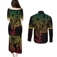 Filipino Sun Tribal Tattoo Couples Matching Puletasi and Long Sleeve Button Shirt Philippines Inspired Barong Reggae Art LT9 - Polynesian Pride