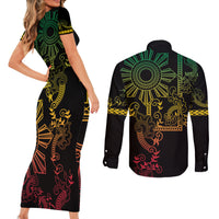 Filipino Sun Tribal Tattoo Couples Matching Short Sleeve Bodycon Dress and Long Sleeve Button Shirt Philippines Inspired Barong Reggae Art LT9 - Polynesian Pride