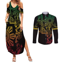 Filipino Sun Tribal Tattoo Couples Matching Summer Maxi Dress and Long Sleeve Button Shirt Philippines Inspired Barong Reggae Art LT9 Reggae - Polynesian Pride