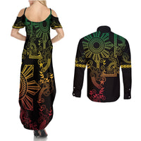Filipino Sun Tribal Tattoo Couples Matching Summer Maxi Dress and Long Sleeve Button Shirt Philippines Inspired Barong Reggae Art LT9 - Polynesian Pride