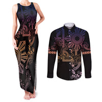 Filipino Sun Tribal Tattoo Couples Matching Tank Maxi Dress and Long Sleeve Button Shirt Philippines Inspired Barong Pink Art LT9 Pink - Polynesian Pride