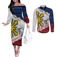 Philippines 126th Independence Day Couples Matching Off The Shoulder Long Sleeve Dress and Long Sleeve Button Shirt Pilipinas Hunyo 12 Maligayang Araw ng Kalayaan LT9 White - Polynesian Pride