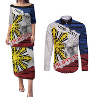 Philippines 126th Independence Day Couples Matching Puletasi and Long Sleeve Button Shirt Pilipinas Hunyo 12 Maligayang Araw ng Kalayaan LT9 White - Polynesian Pride
