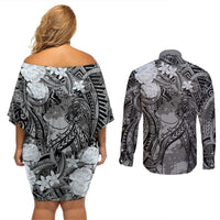 Pacific Beauty Girl Couples Matching Off Shoulder Short Dress and Long Sleeve Button Shirt Black Polyneisan Tribal Vintage Motif LT9 - Polynesian Pride