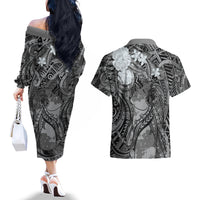 Pacific Beauty Girl Couples Matching Off The Shoulder Long Sleeve Dress and Hawaiian Shirt Black Polyneisan Tribal Vintage Motif LT9 - Polynesian Pride