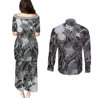 Pacific Beauty Girl Couples Matching Puletasi and Long Sleeve Button Shirt Black Polyneisan Tribal Vintage Motif LT9 - Polynesian Pride