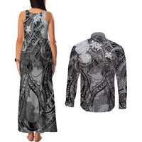Pacific Beauty Girl Couples Matching Tank Maxi Dress and Long Sleeve Button Shirt Black Polyneisan Tribal Vintage Motif LT9 - Polynesian Pride