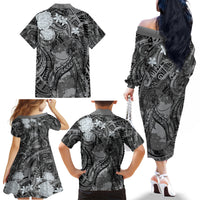 Pacific Beauty Girl Family Matching Off The Shoulder Long Sleeve Dress and Hawaiian Shirt Black Polyneisan Tribal Vintage Motif LT9 - Polynesian Pride