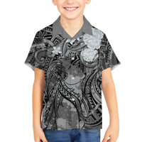 Pacific Beauty Girl Family Matching Tank Maxi Dress and Hawaiian Shirt Black Polyneisan Tribal Vintage Motif