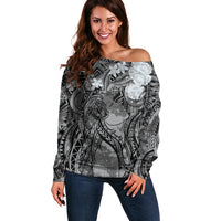 Pacific Beauty Girl Off Shoulder Sweater Black Polyneisan Tribal Vintage Motif