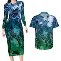 Pacific Beauty Girl Couples Matching Long Sleeve Bodycon Dress and Hawaiian Shirt Blue Polyneisan Tribal Vintage Motif LT9 Blue - Polynesian Pride