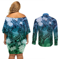 Pacific Beauty Girl Couples Matching Off Shoulder Short Dress and Long Sleeve Button Shirt Blue Polyneisan Tribal Vintage Motif LT9 - Polynesian Pride