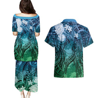 Pacific Beauty Girl Couples Matching Puletasi and Hawaiian Shirt Blue Polyneisan Tribal Vintage Motif LT9 - Polynesian Pride