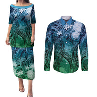 Pacific Beauty Girl Couples Matching Puletasi and Long Sleeve Button Shirt Blue Polyneisan Tribal Vintage Motif LT9 Blue - Polynesian Pride