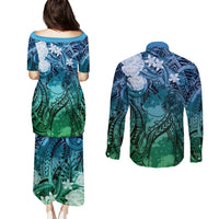 Pacific Beauty Girl Couples Matching Puletasi and Long Sleeve Button Shirt Blue Polyneisan Tribal Vintage Motif LT9 - Polynesian Pride